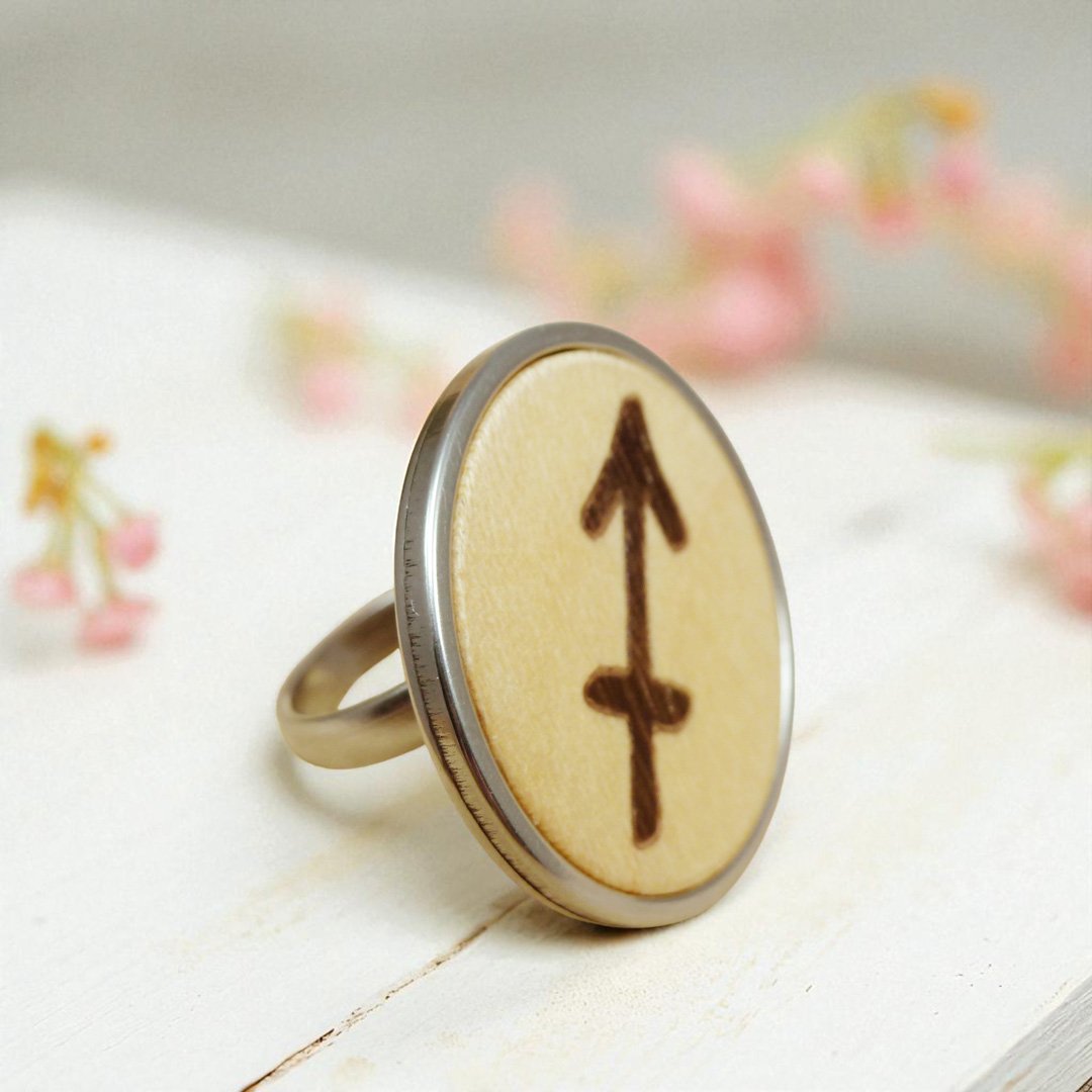 Anillo Sagitario ajustable con símbolo en madera y base de acero inoxidable