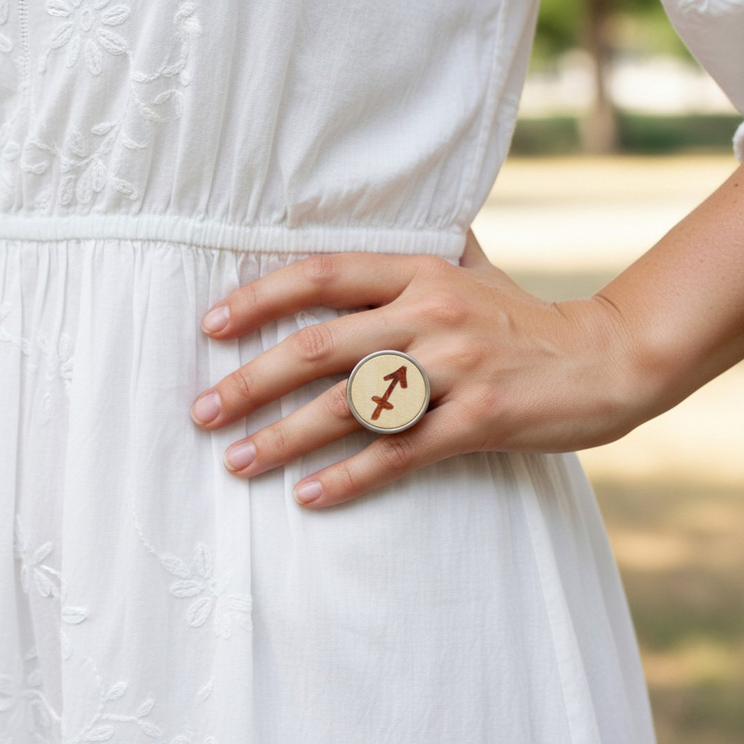 Anillo Sagitario de madera ajustable mostrado en la mano