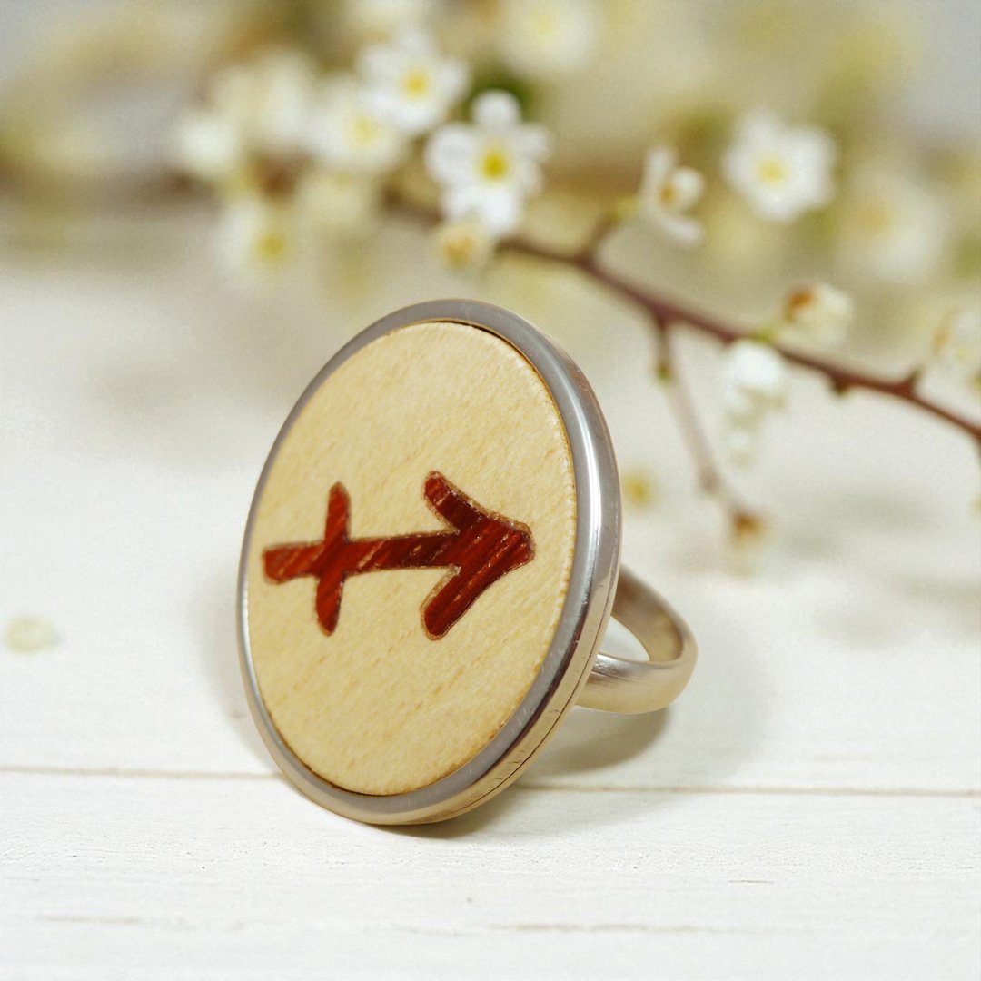 Anillo Sagitario de marquetería en madera natural hecho a mano
