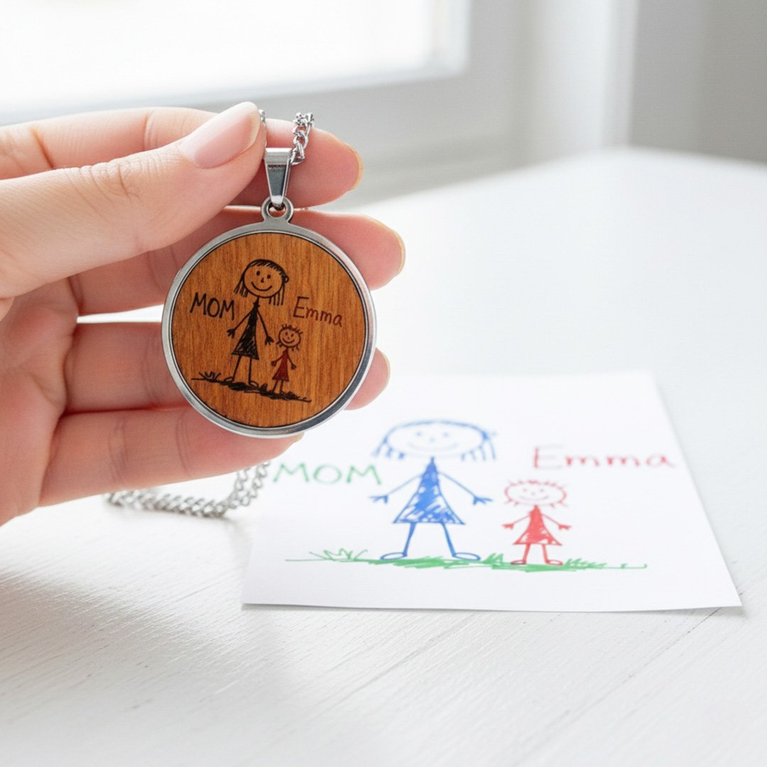 Colgante personalizado con dibujo infantil para mamá, grabado a partir de una obra de arte infantil.