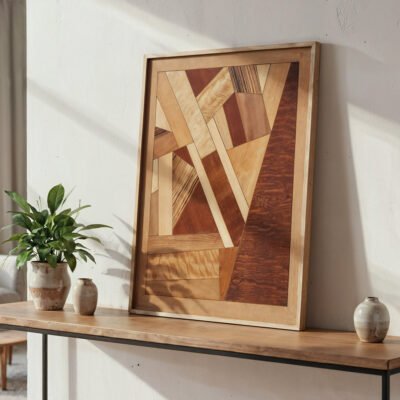 Cuadro abstracto grande de madera hecho a mano con marquetería colocado en un hogar