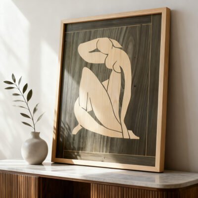 Cuadro desnudo de marquetería hecho a mano en sicomoro y madera teñida verde grisáceo inspirado en Matisse