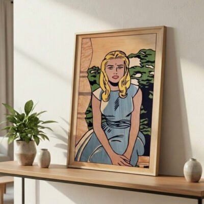 Cuadro mujer sentada de marquetería hecho a mano inspirado en Roy Lichtenstein con mujer rubia y vestido azul