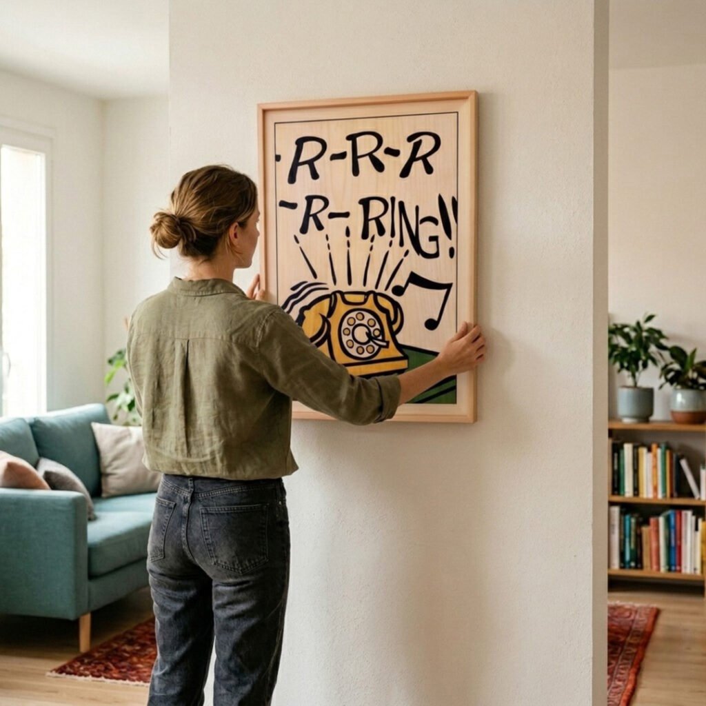 Cuadro teléfono retro de madera mientras una mujer lo cuelga en la pared