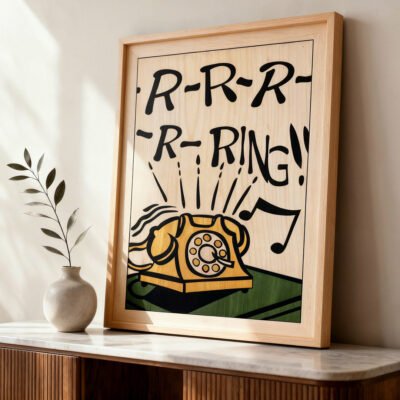 Cuadro teléfono retro de marquetería hecho a mano en madera inspirado en Roy Lichtenstein