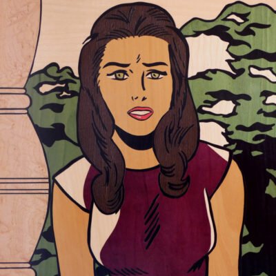 Detalle de cuadro de mujer morena de estilo Pop Art realizado en marquetería de madera