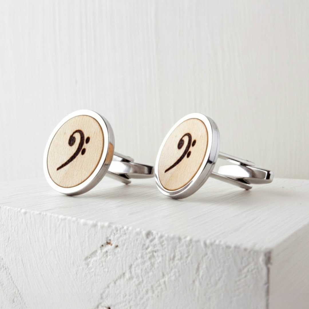 Gemelos grabados con la clave de fa en madera y base de acero inoxidable.