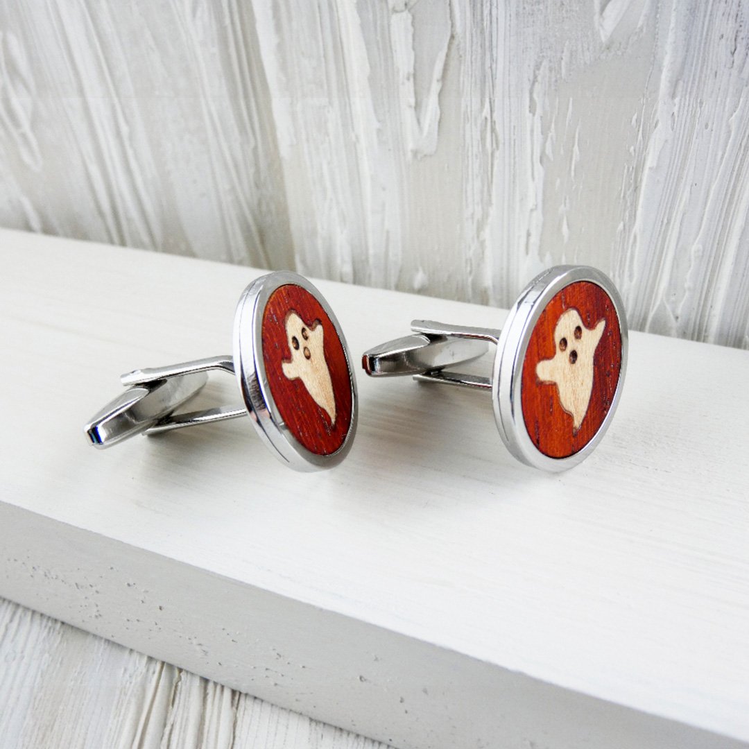 Gemelos de madera coral con fantasma de sicomoro en marquetería y base de acero inoxidable