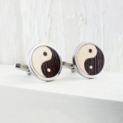 Gemelos yin yang de madera en marquetería con base de acero inoxidable