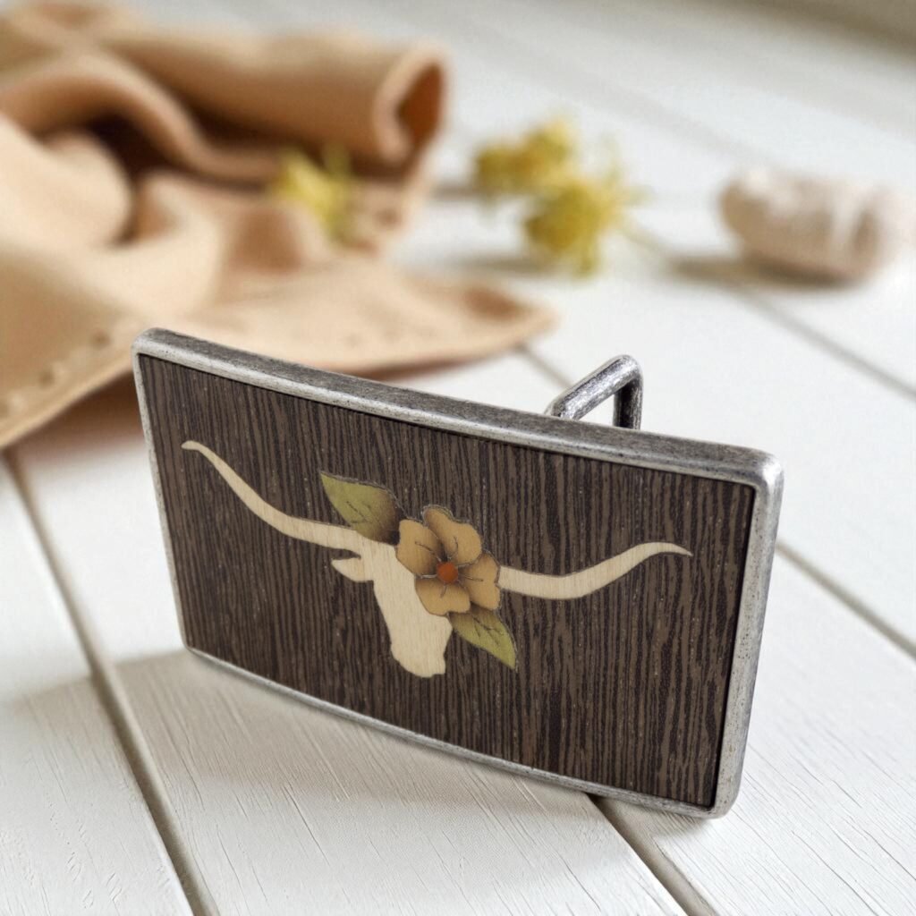 Handmade wooden longhorn belt buckle with natural floral inlay