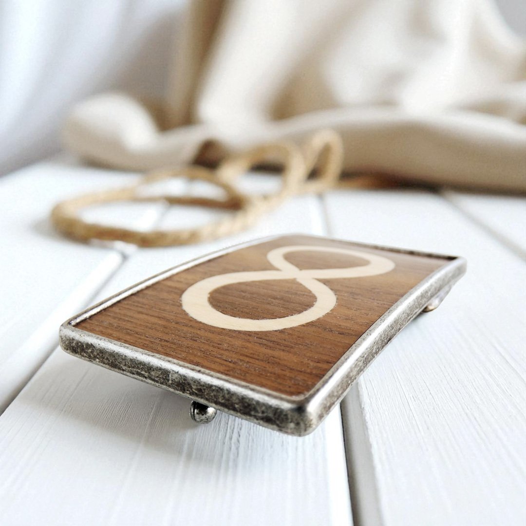 Detalle de la hebilla de maderas naturales con el diseño de un infinito de marquetería