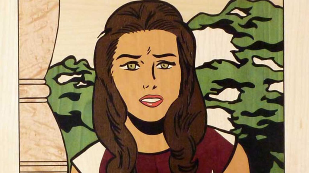 Modern marquetry piece inspired by the iconic style of Roy Lichtenstein, where pop art meets the tradition of wood inlay.