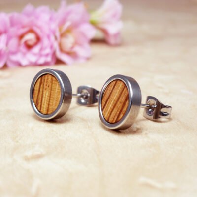 Pendientes de madera rayada de zebrano y acero inoxidable para mujer