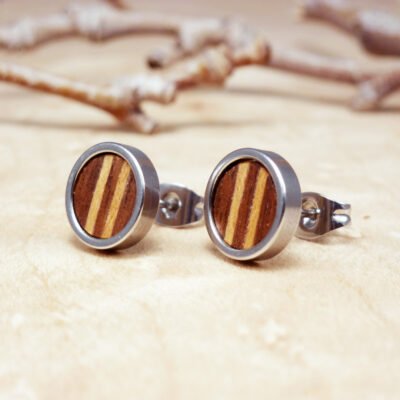 Small post earrings handcrafted from natural walnut wood with sycamore stripes